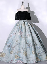 Blue Jacquard Black Velvet Quinceanera Dress